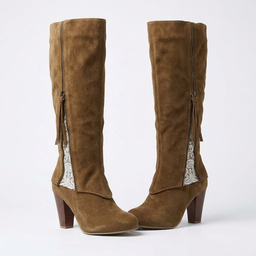 Knee High Boots with Lace Inset Zip and Folded Cuff
