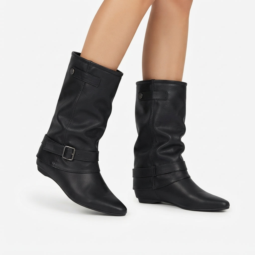 Slouch Boots with Buckle Strap and Hidden Wedge Heel