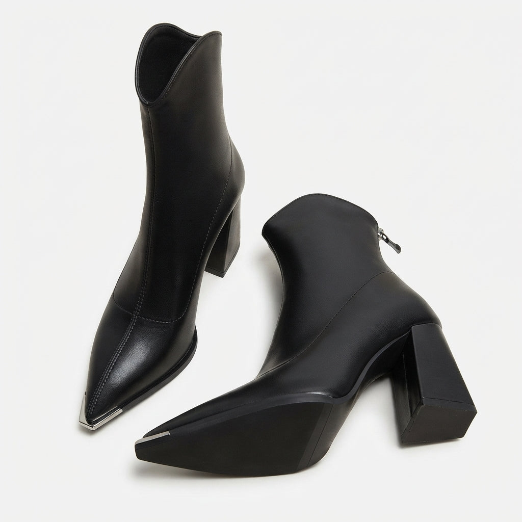 Chrome Tip Ankle Boots, Pointed Toe Block Heel Zip