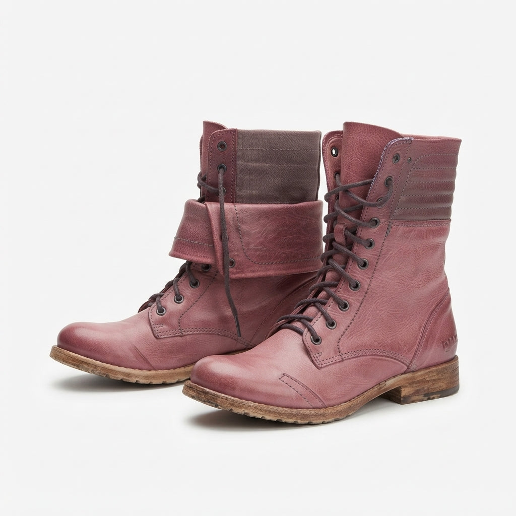 Lace-Up Combat Boots, Foldover Cuff Cushioned Sole