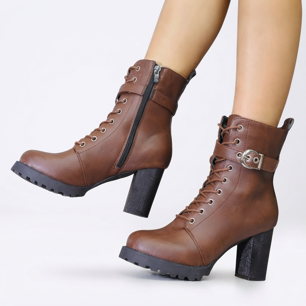 Block Heel Combat Boots, Full Lace-Up with Lug Sole