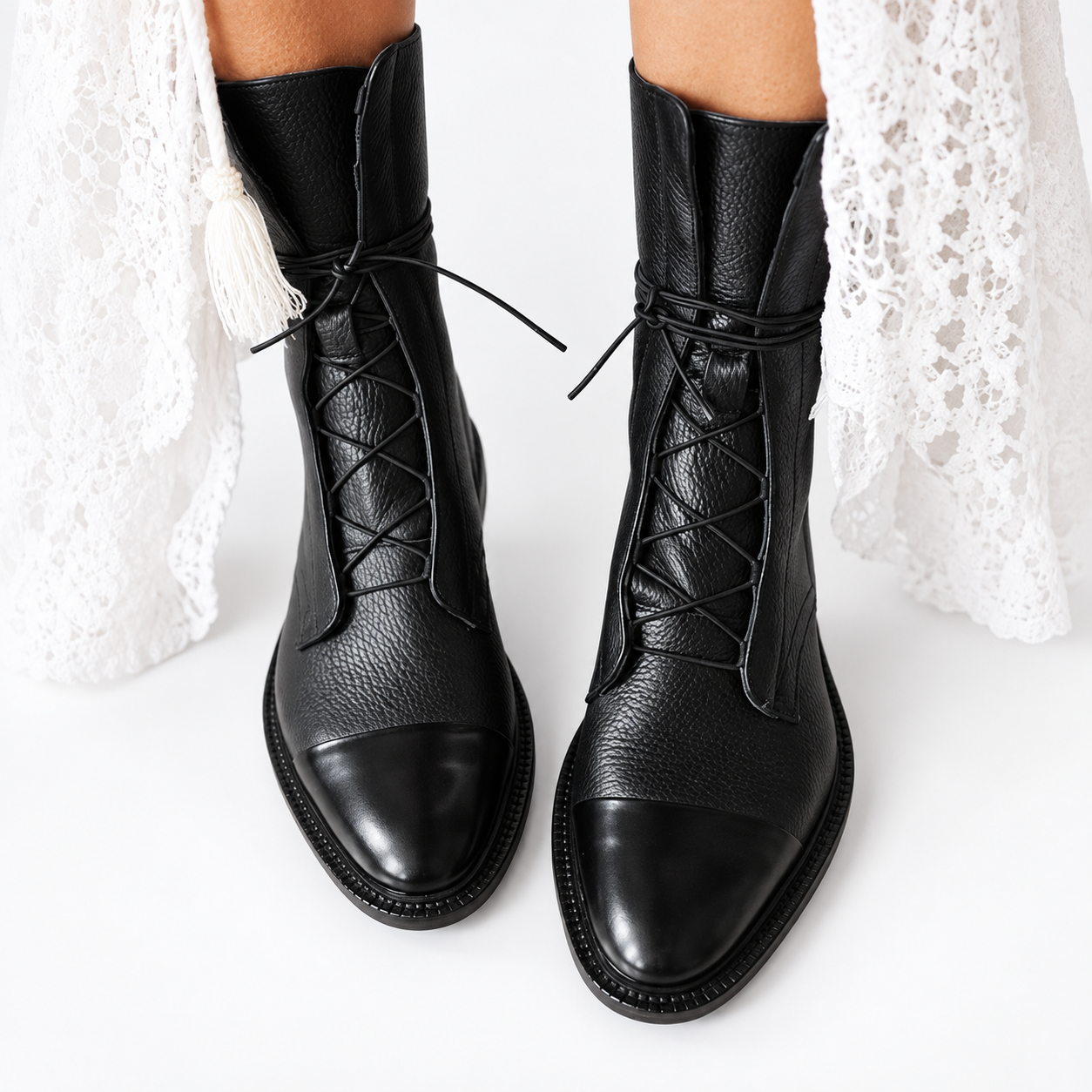 Cap Toe Combat Boots, Chunky Sole Faux Leather Lace Up