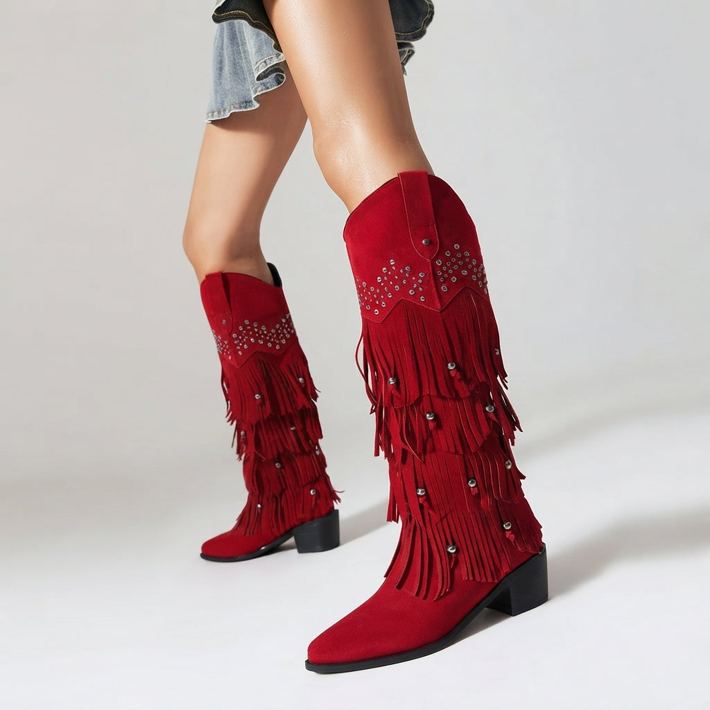 Fringe Knee High Cowboy Boots, Suede Stacked Block Heel