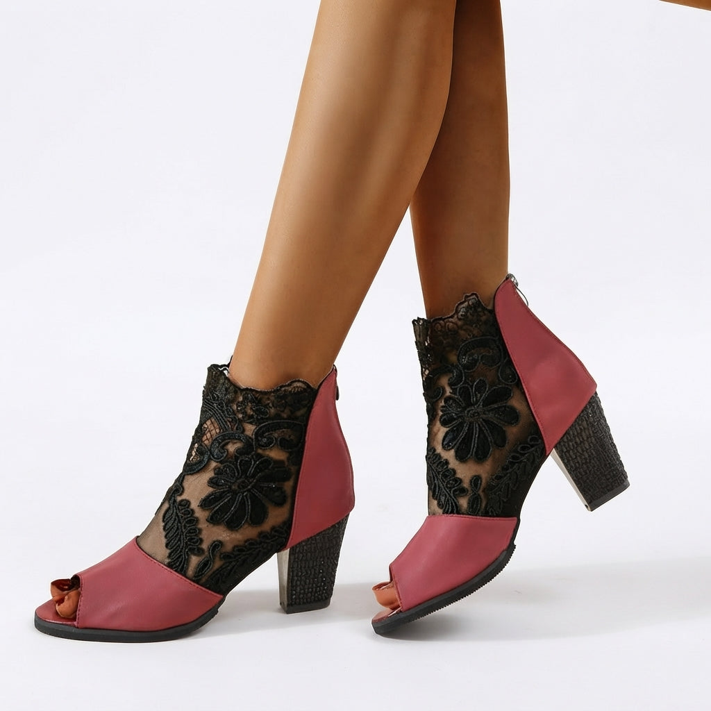 Floral Lace Peep Toe Ankle Boots, Block Heel Back Zip