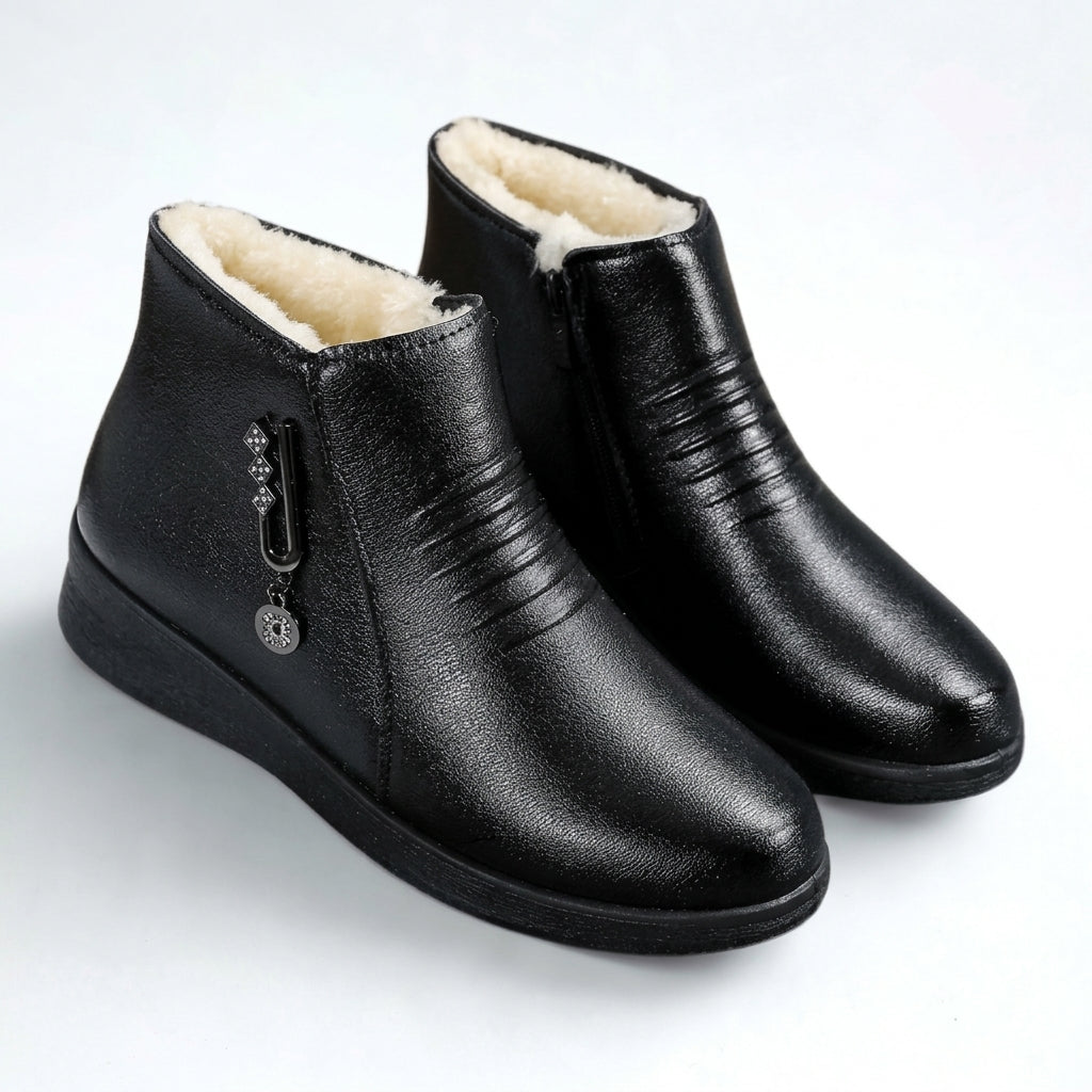 Shearling Lined Ankle Boots, Side Zip Low Block Heel