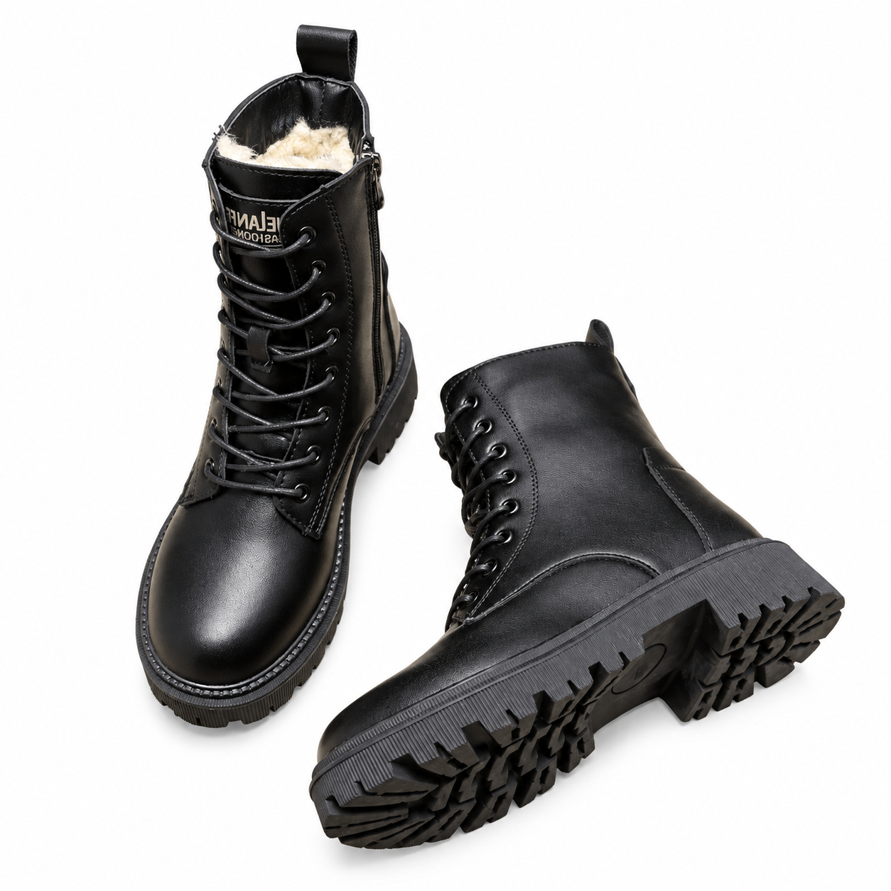 Fleece Lined Combat Boots, Lace Up Chunky Lug Sole