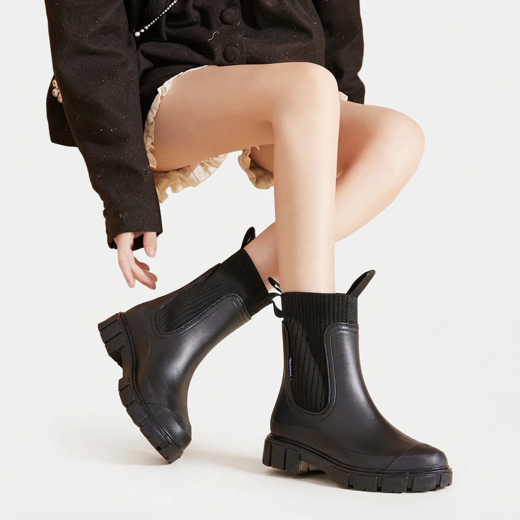 Waterproof Rubber Chelsea Boots, Knit Collar Lug Sole