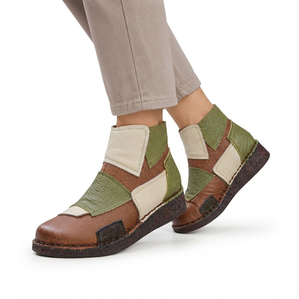 Colour Block Leather Ankle Boots, Patchwork Round Toe