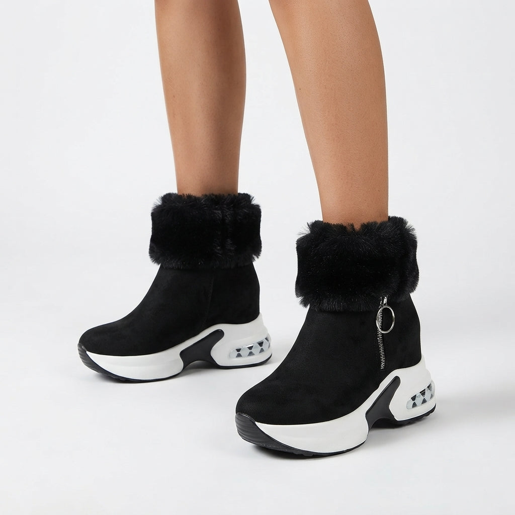 Faux Fur Platform Ankle Boots, Cushioned Air Pocket Sole