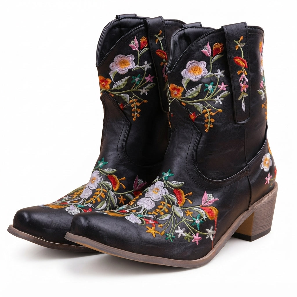 Waterproof Leather Cowboy Boots, Floral Embroidered