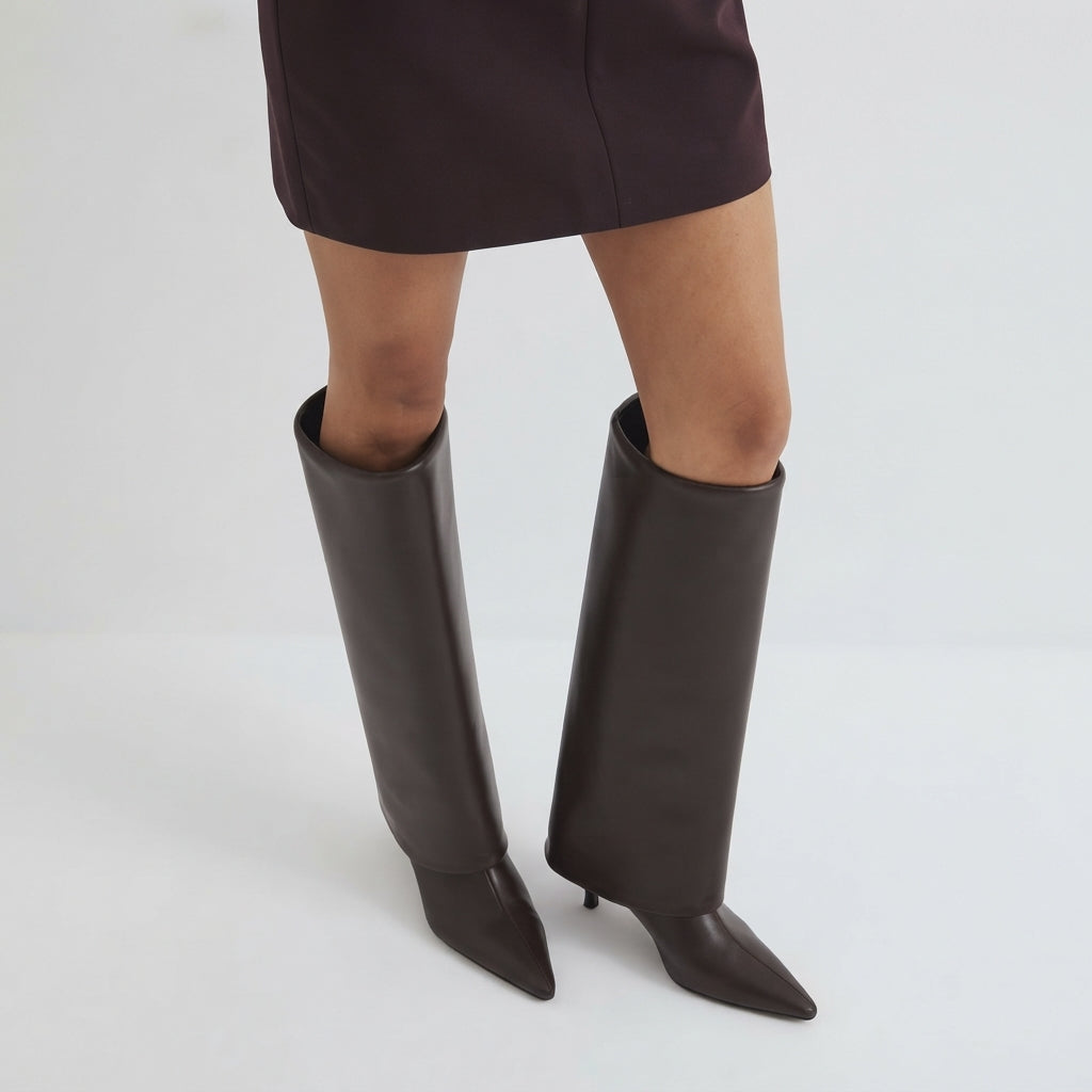 Leather Knee High Boots, Pointed Toe Slim Kitten Heel