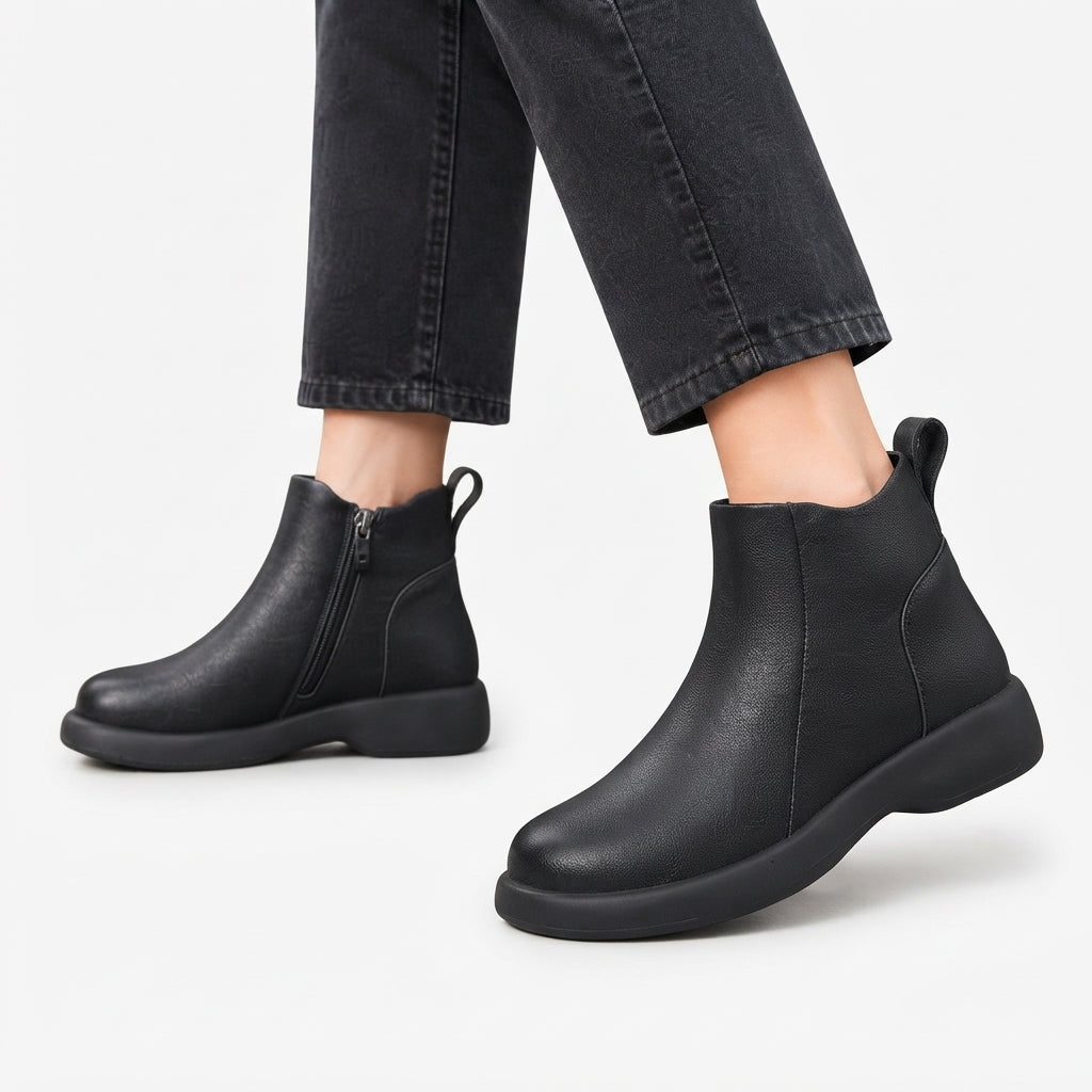 Leather Ankle Boots with Side Zip, Round Toe Mid Heel