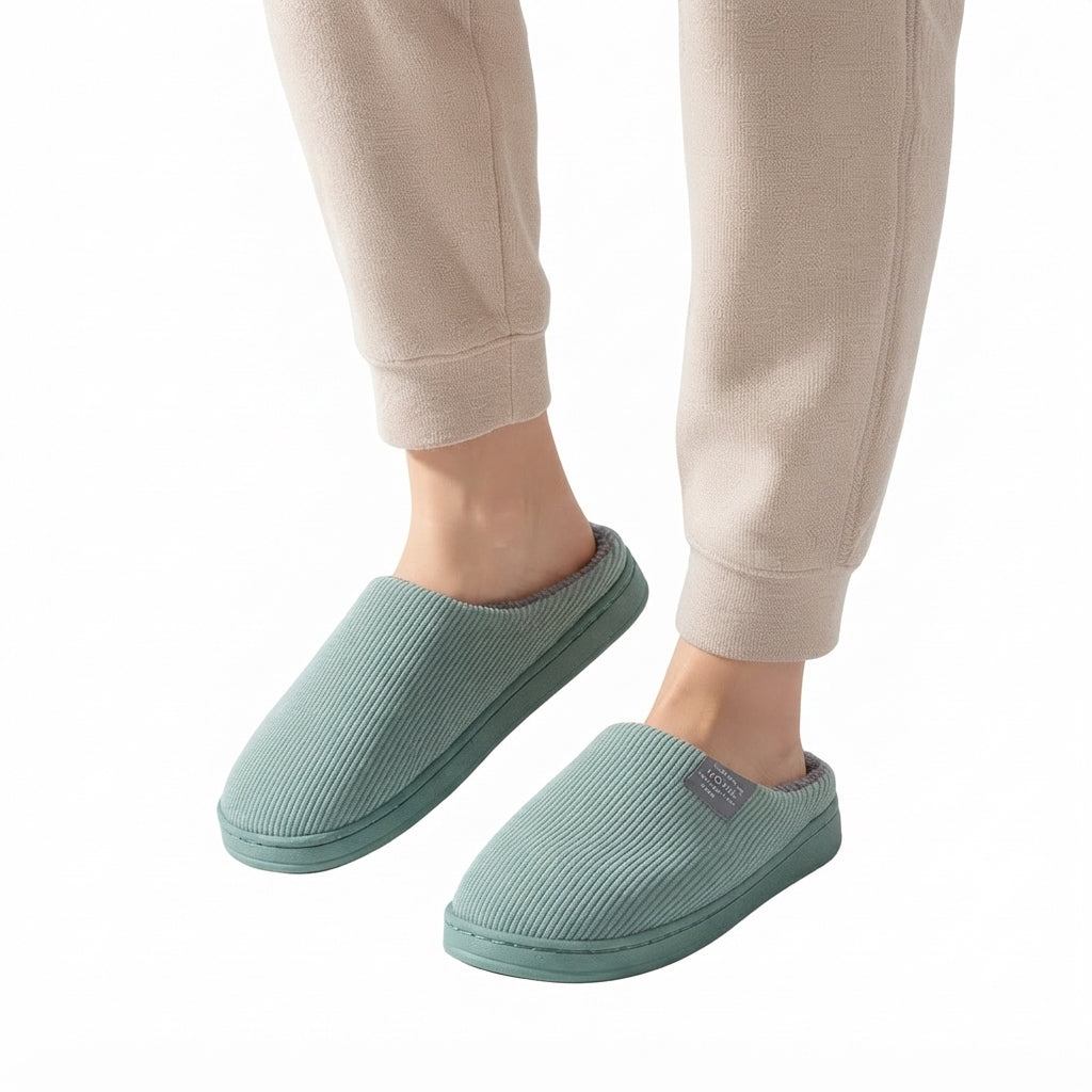 Ribbed Knit Slippers, Fleece Lined Non-Slip Grip Sole