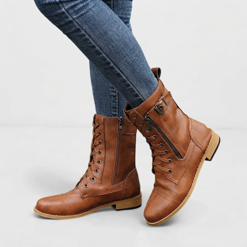 Lace Up Combat Ankle Boots, Side Zip Low Block Heel