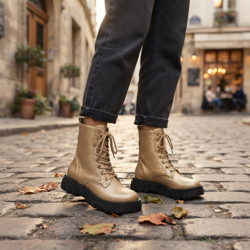 Platform Combat Boots, Pebbled Lace-Up Chunky Lug Sole