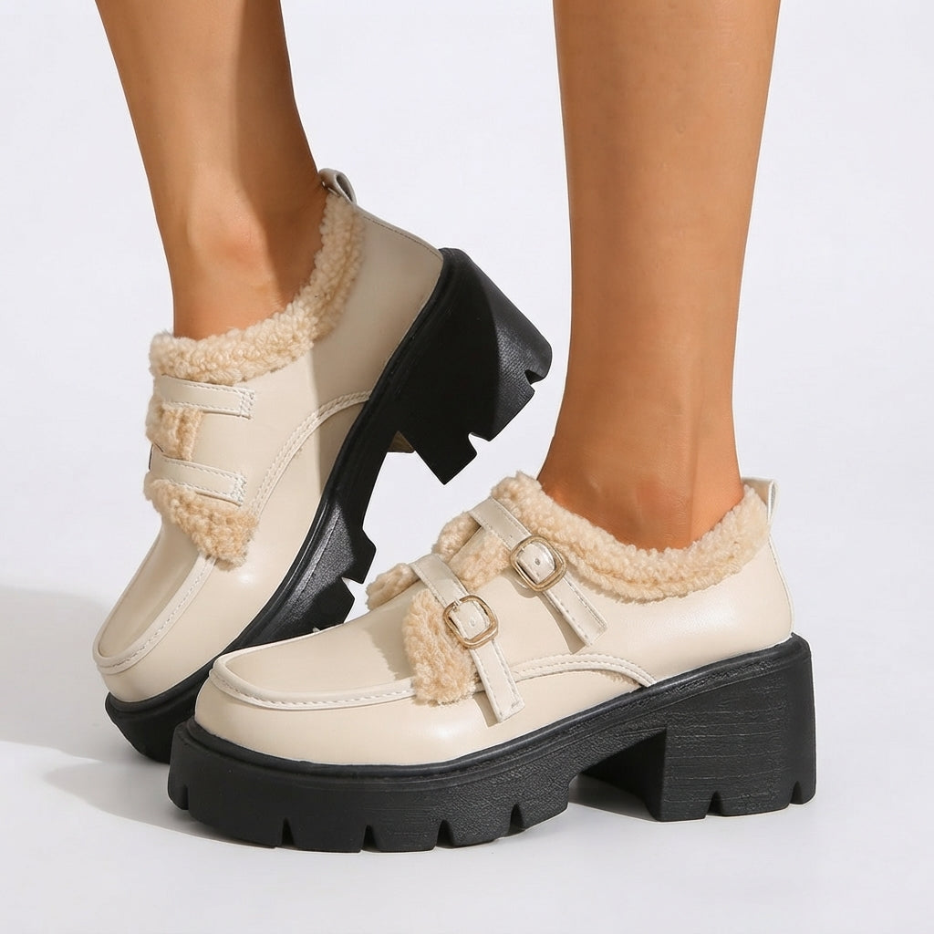 Platform Monk Strap Shoes, Sherpa Trim Double Buckle