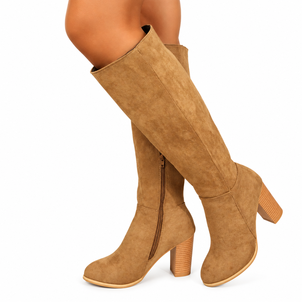 Knee High Cowboy Boots, Suede Block Heel with Side Zip