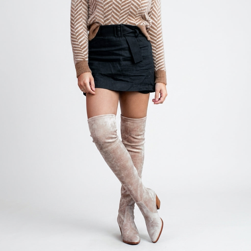 Stretch Over The Knee Boots, Beige Stacked Block Heel