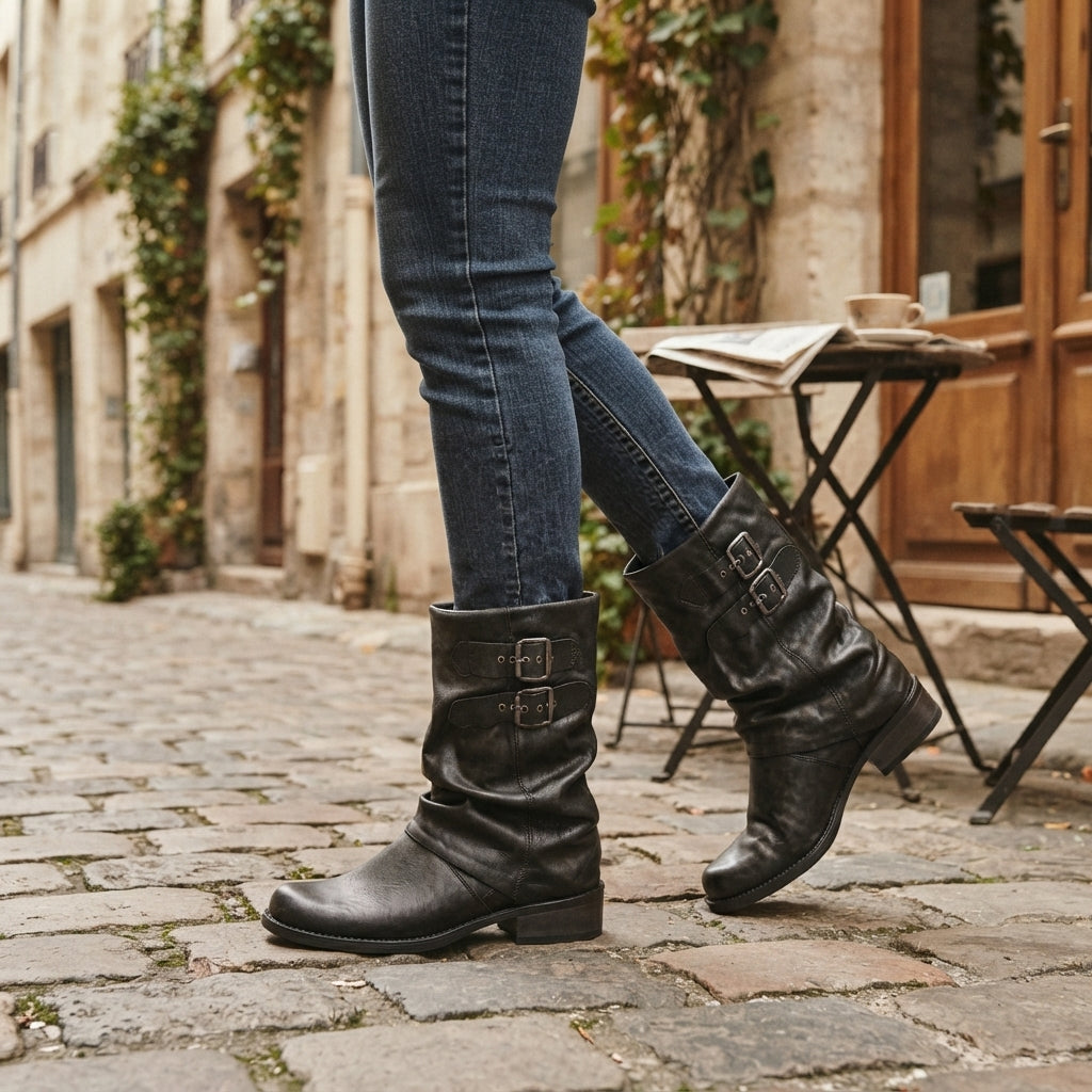 Slouch Biker Boots, Twin Buckle Round Toe Block Heel