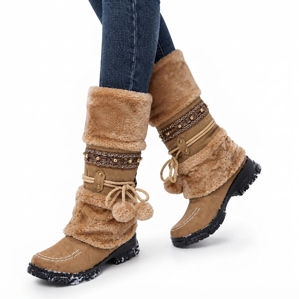 Slouch Winter Boots, Faux Fur Cuff Flat Cushioned Sole