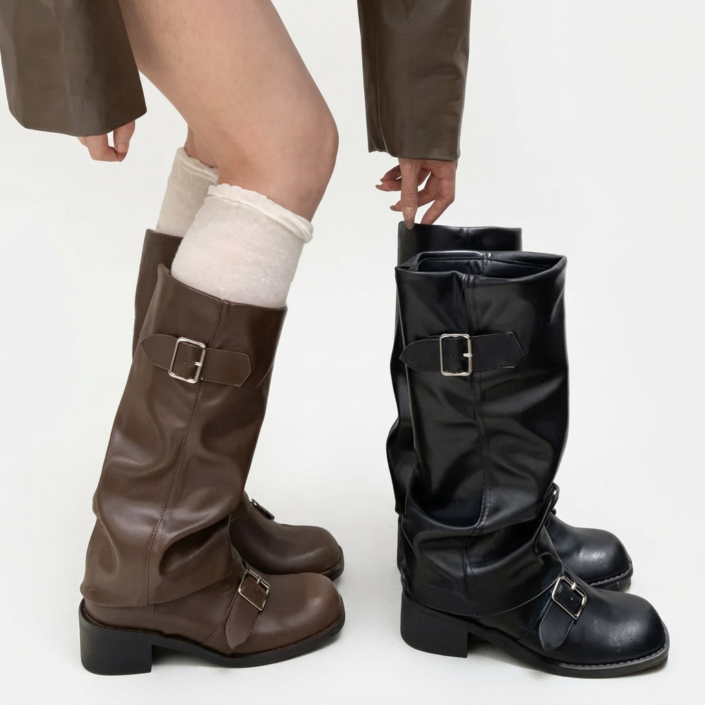 Buckle Strap Knee High Boots, Slouchy Shaft Block Heel
