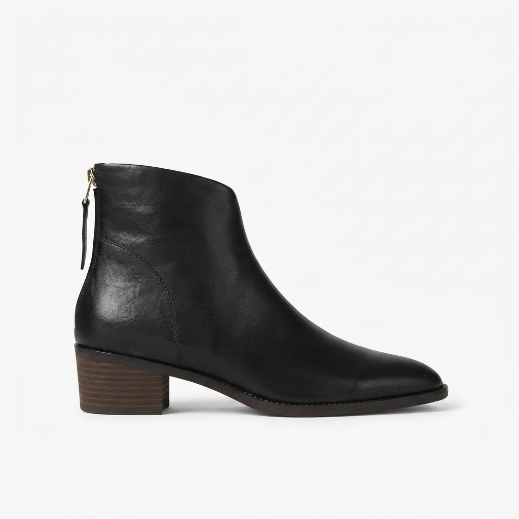 Pointed Toe Leather Ankle Boots, Back Zip Low Heel