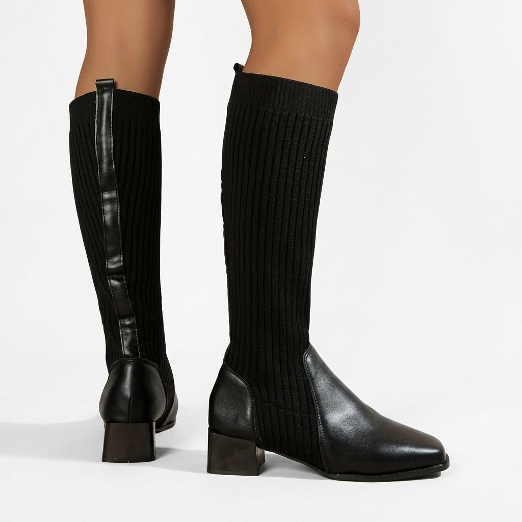 Knee High Sock Boots, Ribbed Knit Shaft Block Heel