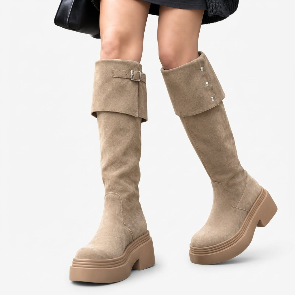 Over The Knee Platform Boots, Foldover Cuff Buckle