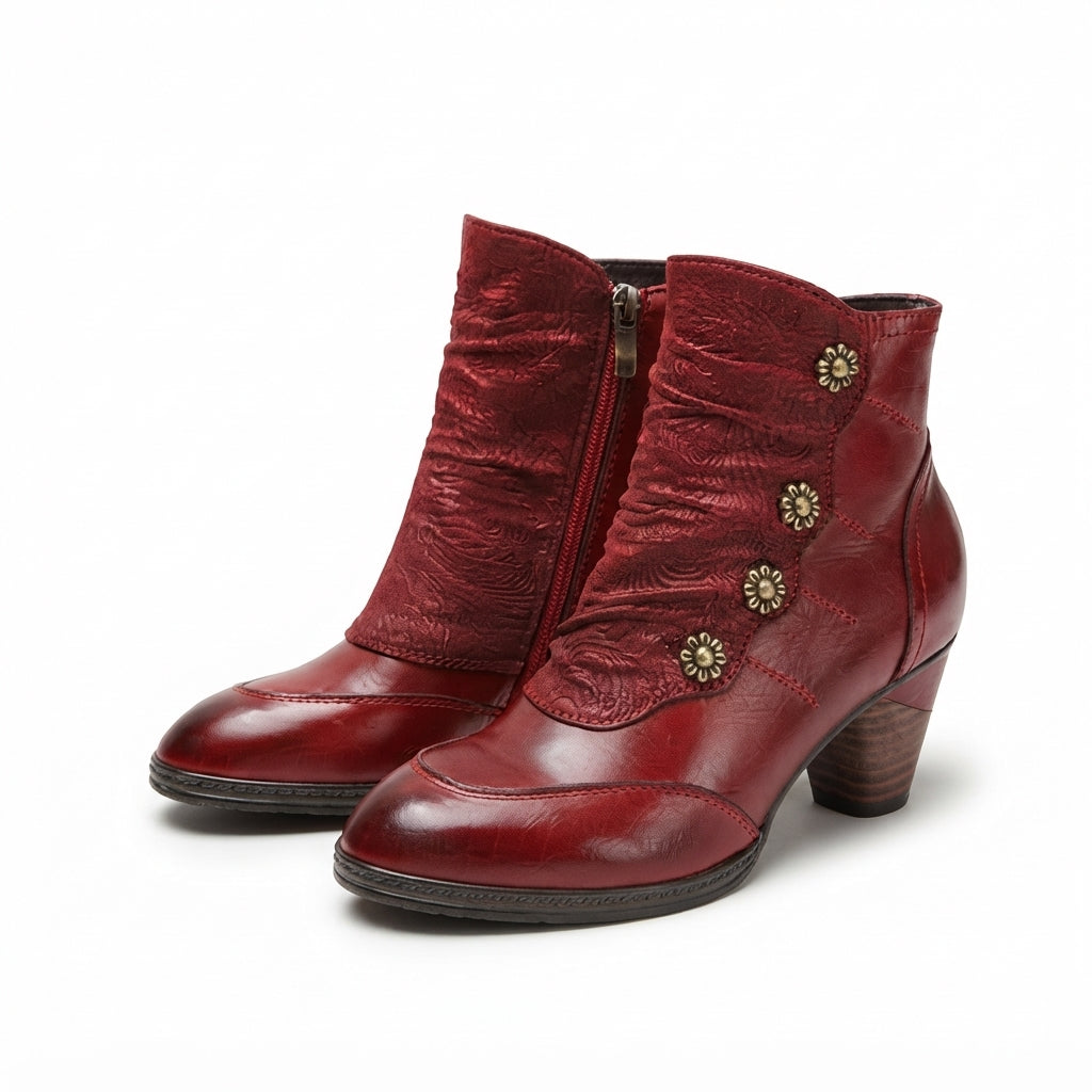 Leather Ankle Boots, Floral Button Block Heel Style