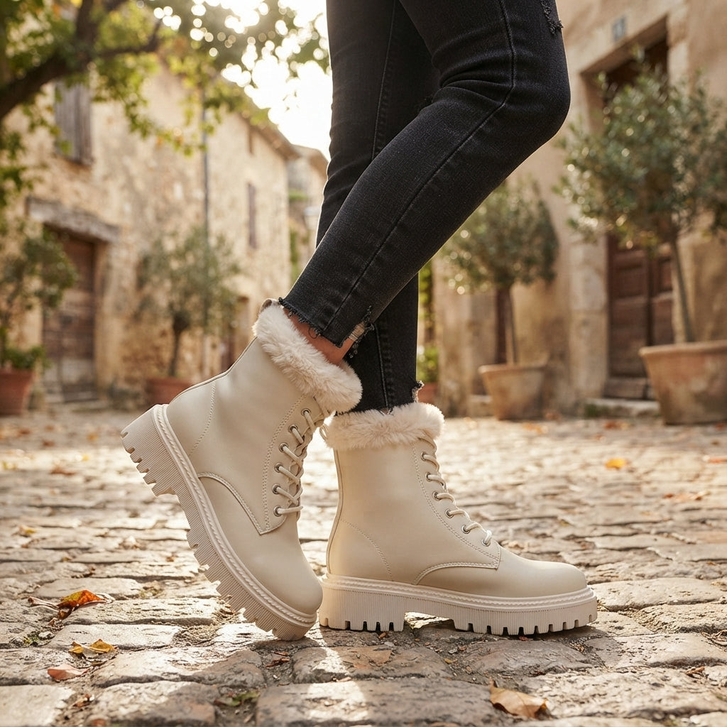 Faux Fur Lined Combat Boots, Lace Up Chunky Lug Sole