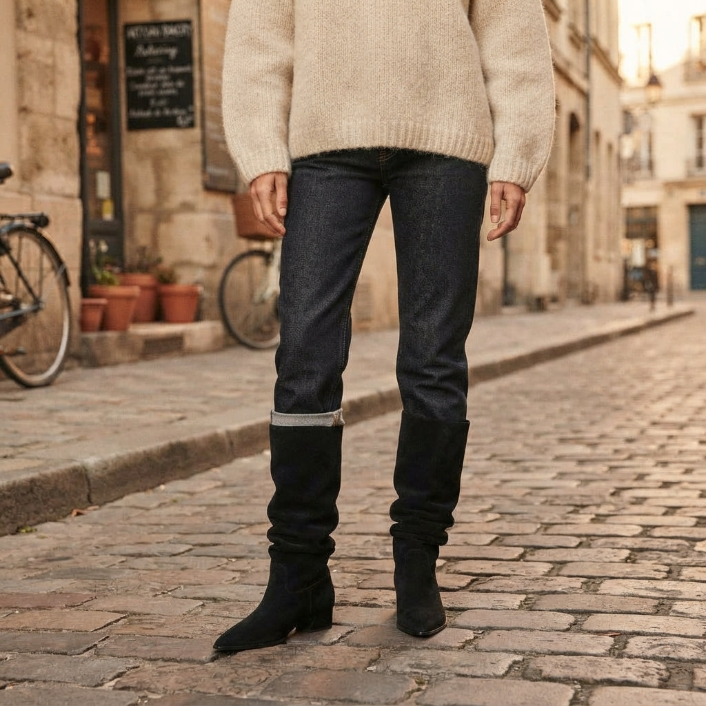Slouchy Knee High Boots, Faux Suede Low Square Heel