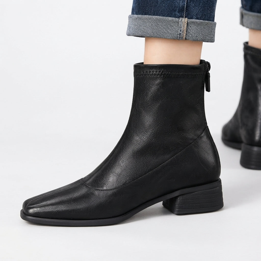 Square Toe Heeled Boots, Low Block Heel Back Zip Fit