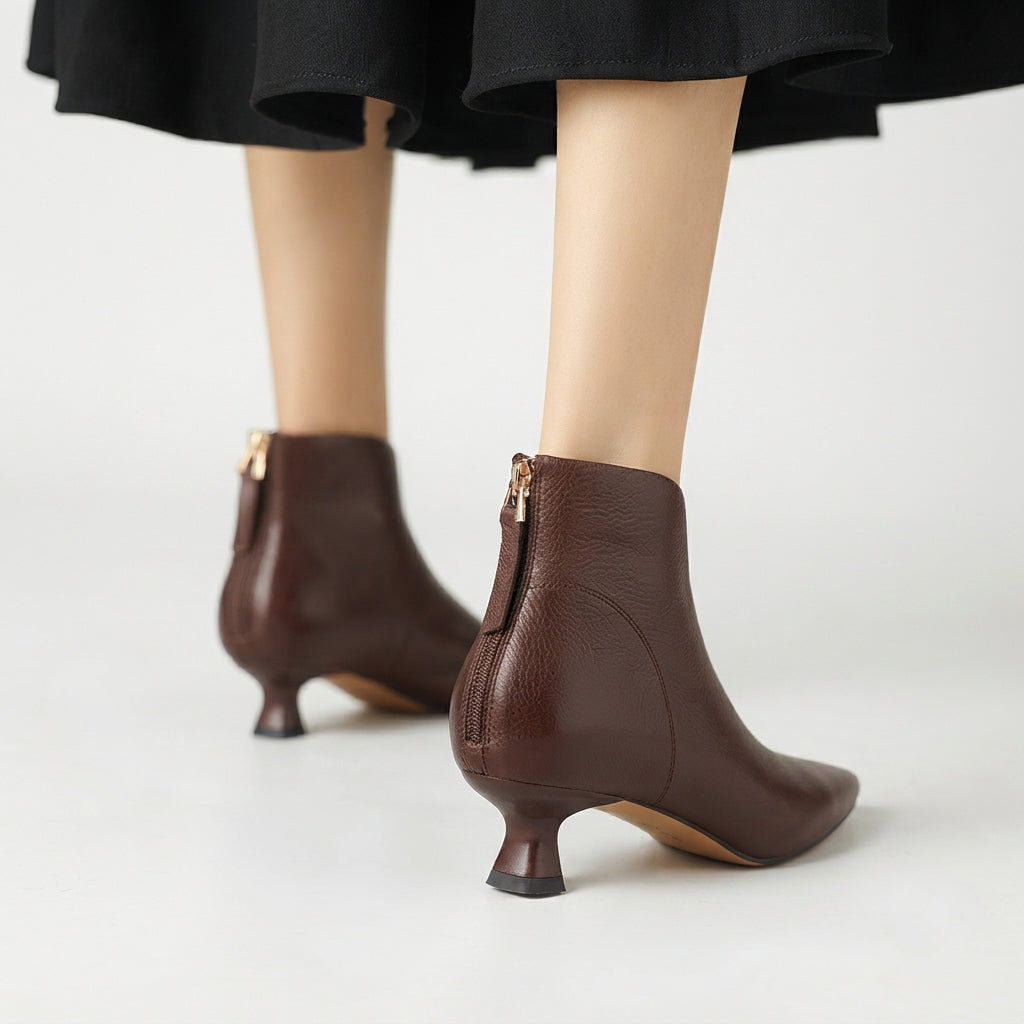 Kitten Heel Ankle Boots, Pointed Toe Back Zip Closure