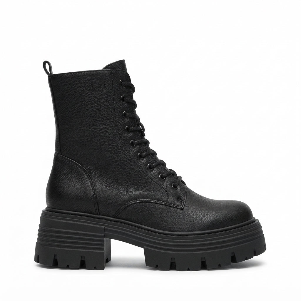 Faux Leather Platform Combat Boots, Lace-Up Lug Sole