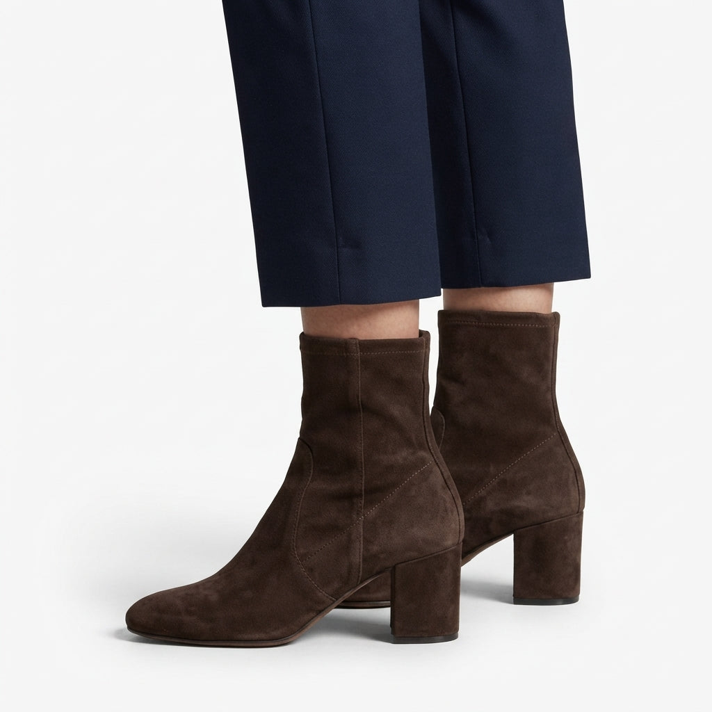 Brown Suede Ankle Boots, Block Heel Cushioned Interior