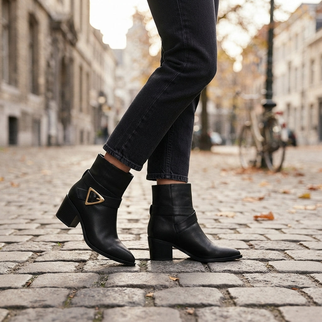 Pointed Toe Ankle Boots, Block Heel Side Zip Buckle