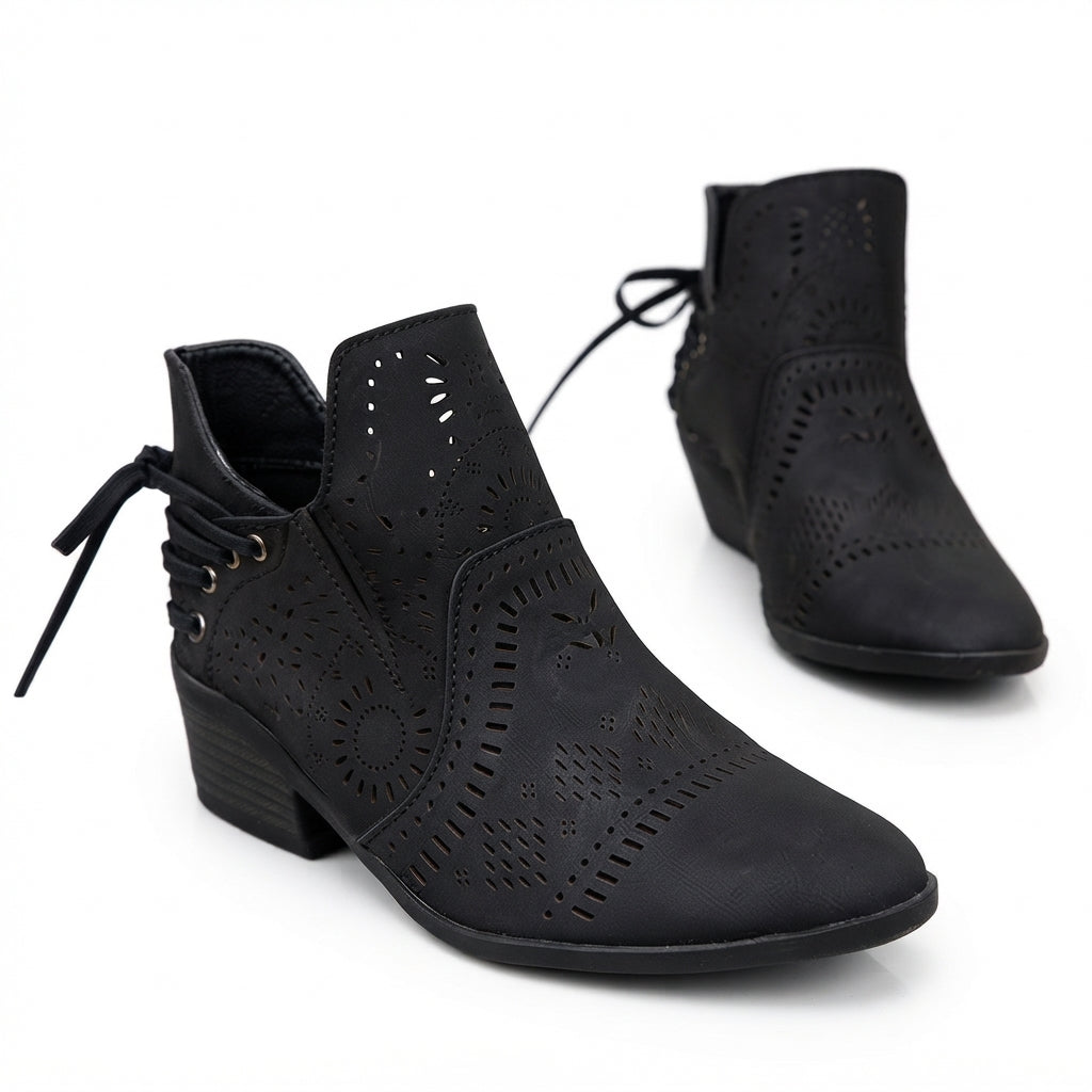 Cutout Ankle Boots, Low Block Heel Laser Cut Detail