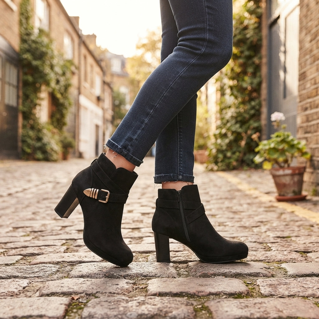 Suede Ankle Boots, Buckle Strap Platform Block Heel