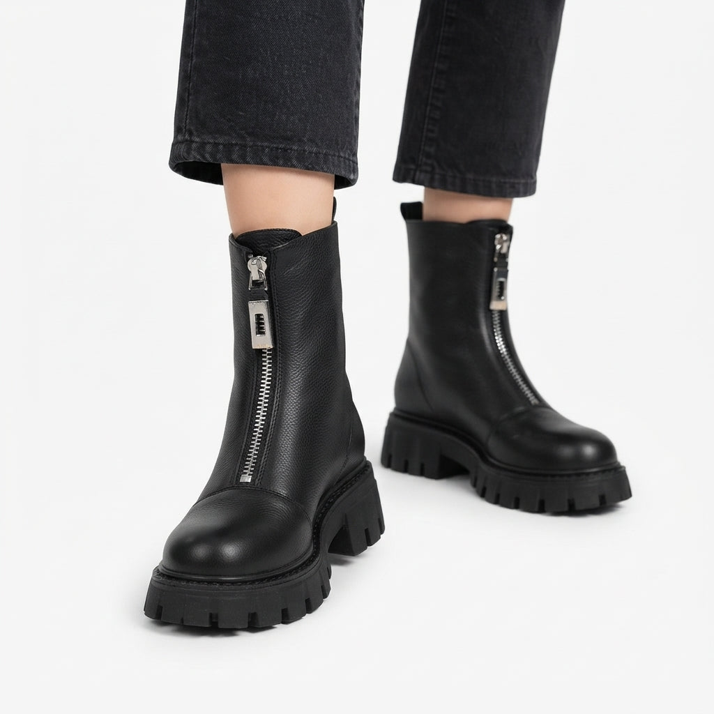 Chunky Platform Ankle Boots, Front Zip Leather Look