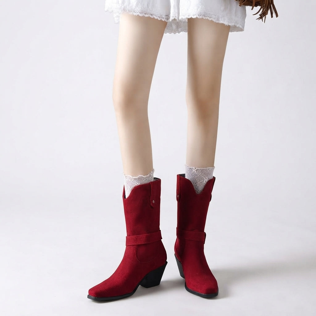 Mid-Calf Cowboy Boots, Buckled Faux Suede Western Heel