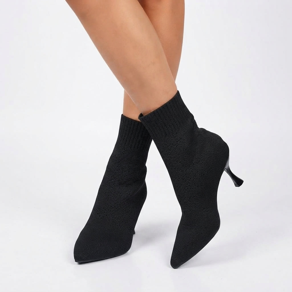 Stretch Knit Sock Boots, Pointed Toe Kitten Heel Pull On