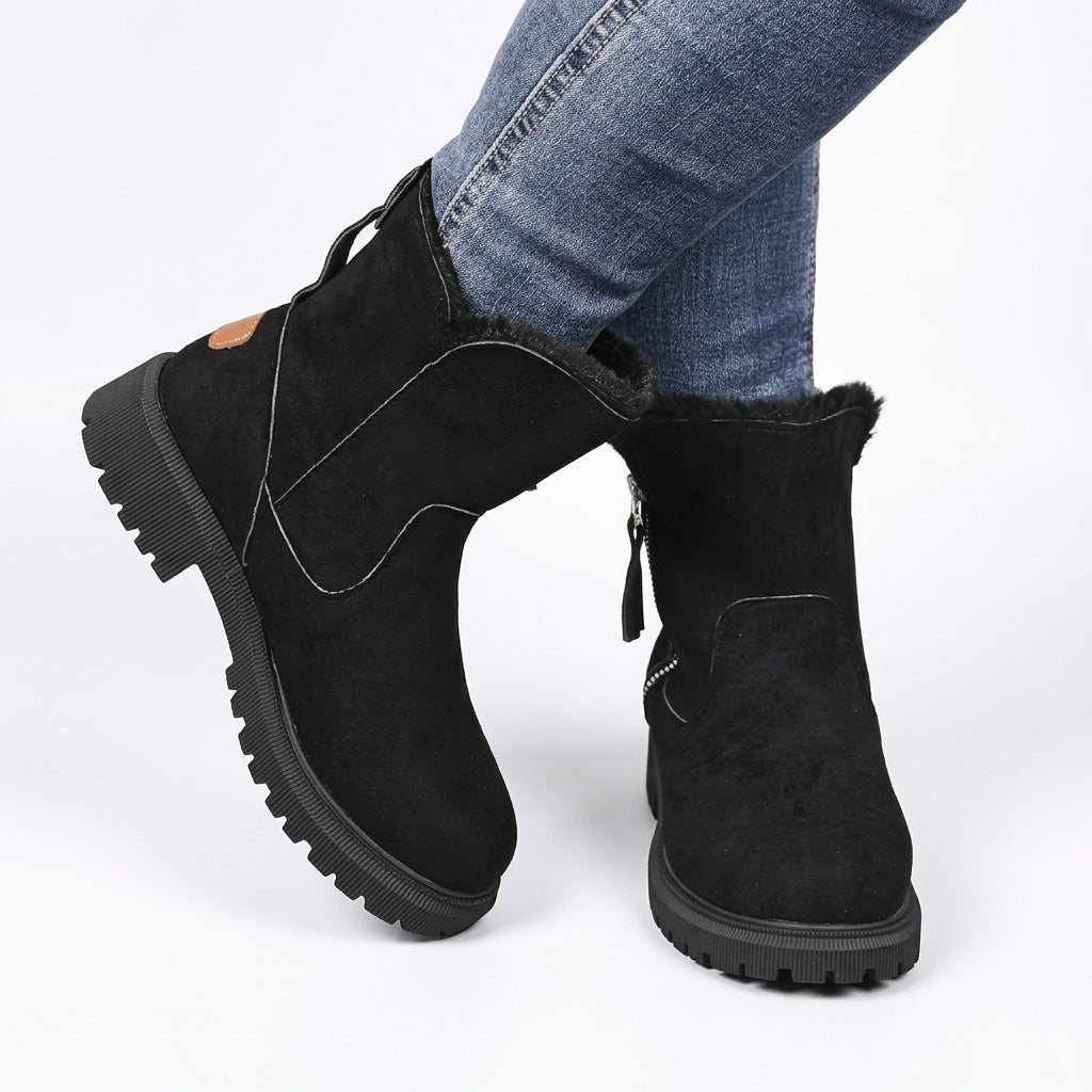 Suede Ankle Boots, Chunky Lug Sole and Fur Trim Cuff