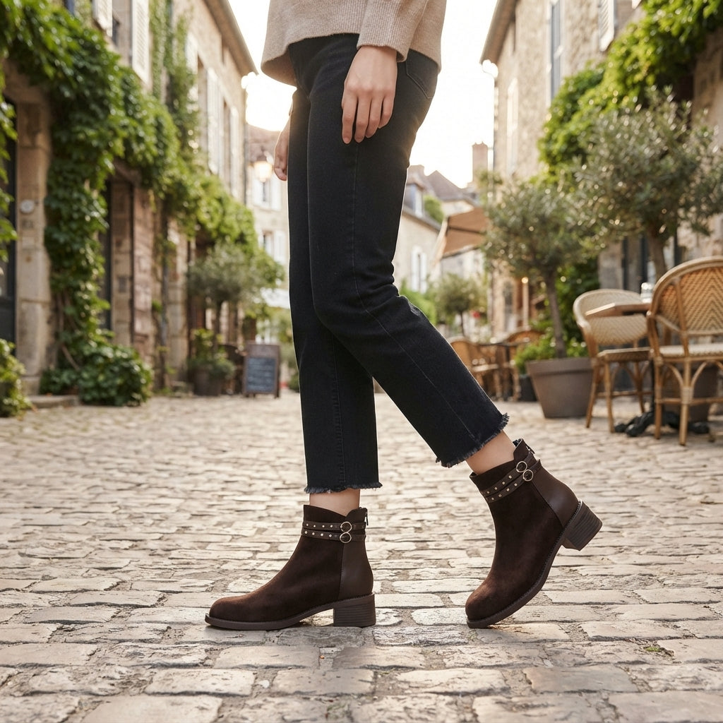 Studded Suede Ankle Boots, Double Strap Stacked Heel