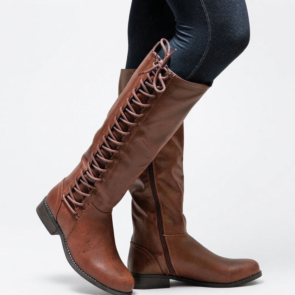 Leather Look Knee High Boots, Lace Up Front Side Zip