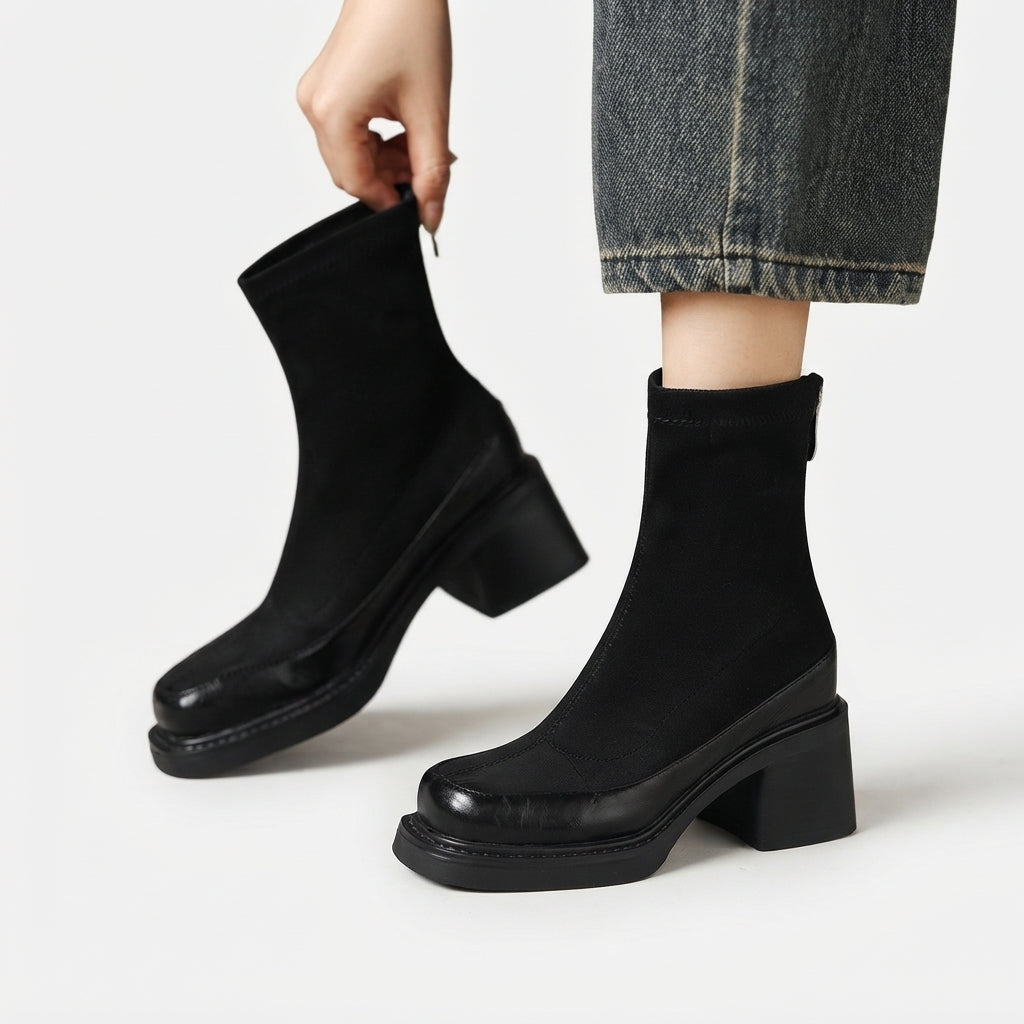 Square Toe Suede Ankle Boots, Stacked Mid Heel Zip