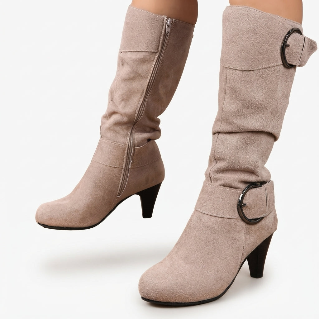 Slouch Knee High Heeled Boots, Buckle Detail Side Zip