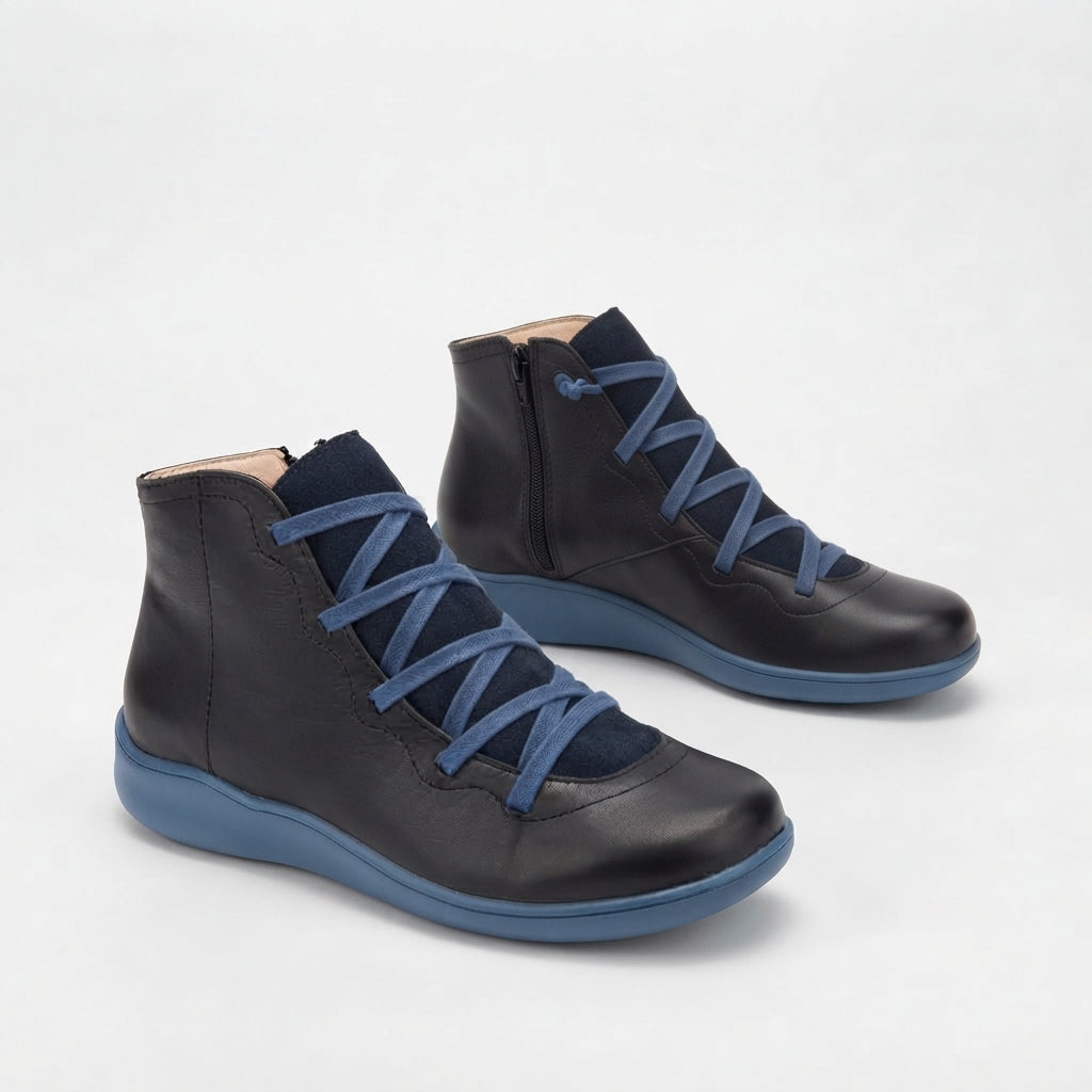 Leather Lace Up Ankle Boots, Side Zip Supportive Insole