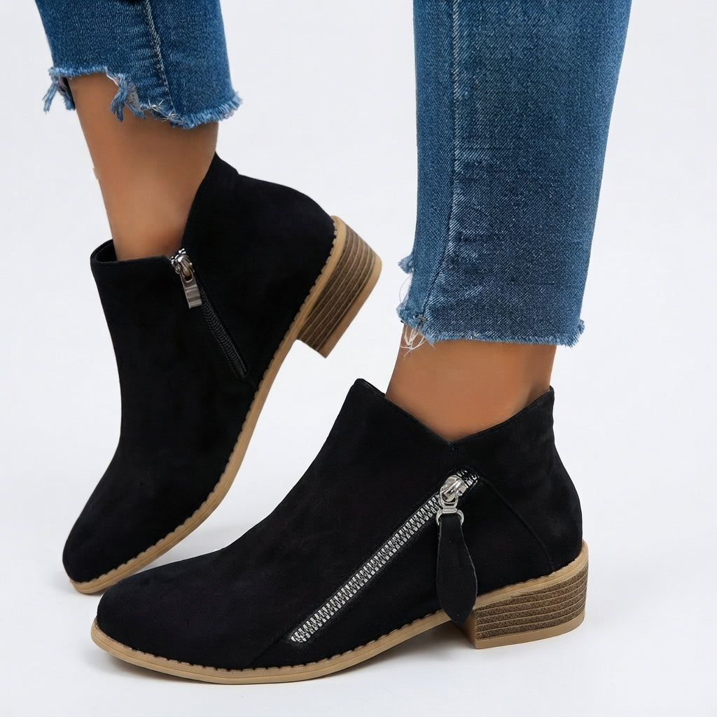 Round Toe Ankle Boots, Stacked Block Heel Side Zip
