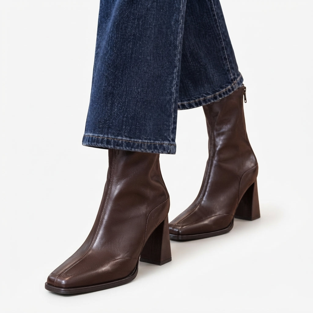 Square Toe Ankle Boots, Flared High Block Heel Zip