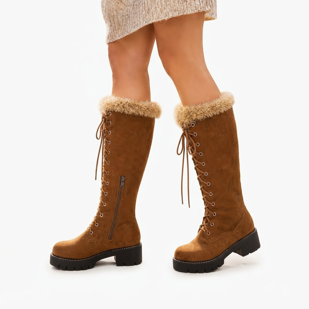 Faux Fur Trim Knee High Boots, Lace Up Lug Sole Pair